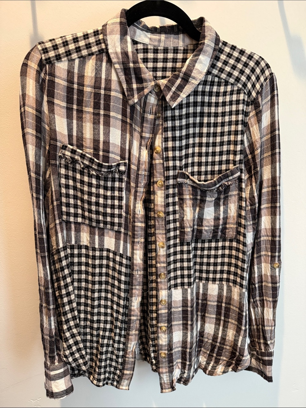 Women’s Casual Plaid Button-Down Shirt in Brown and Black